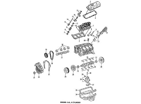 1995 Pontiac Firebird Engine Parts, Mounts, Cylinder Head & Valves, Camshaft & Timing, Oil Pan, Oil Pump, Balance Shafts, Crankshaft & Bearings, Pistons, Rings & Bearings Diagram