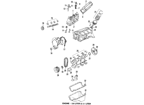 1988 Chevy Beretta Engine Parts, Mounts, Cylinder Head & Valves, Camshaft & Timing, Oil Pan, Oil Pump, Crankshaft & Bearings, Pistons, Rings & Bearings Diagram