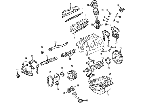 1998 Pontiac Firebird Engine Parts, Mounts, Cylinder Head & Valves, Camshaft & Timing, Oil Pan, Oil Pump, Balance Shafts, Crankshaft & Bearings, Pistons, Rings & Bearings Diagram