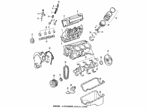 1995 Buick Regal Engine Parts, Mounts, Cylinder Head & Valves, Camshaft & Timing, Oil Pan, Oil Pump, Balance Shafts, Crankshaft & Bearings, Pistons, Rings & Bearings Diagram