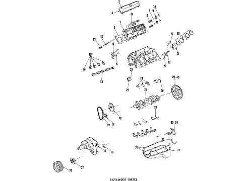 1985 Oldsmobile Toronado Engine Parts, Mounts, Cylinder Head & Valves, Camshaft & Timing, Oil Pan, Oil Pump, Crankshaft & Bearings, Pistons, Rings & Bearings Diagram
