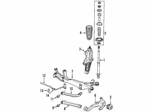 2000 Saturn LW2 Rear Suspension Components, Lower Control Arm, Upper Control Arm, Stabilizer Bar Diagram