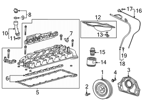 2021 GMC Yukon Engine Parts, Mounts, Cylinder Head & Valves, Camshaft & Timing, Variable Valve Timing, Oil Cooler, Oil Pan, Oil Pump, Crankshaft & Bearings, Pistons, Rings & Bearings Diagram