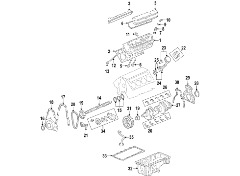 2005 Chevy SSR Engine Parts, Mounts, Cylinder Head & Valves, Camshaft & Timing, Oil Pan, Oil Pump, Crankshaft & Bearings, Pistons, Rings & Bearings Diagram