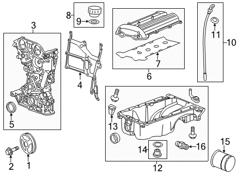 2014 Chevy Volt Engine Parts, Mounts, Cylinder Head & Valves, Camshaft & Timing, Variable Valve Timing, Oil Pan, Crankshaft & Bearings, Pistons, Rings & Bearings Diagram