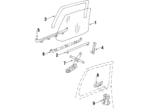 1985 Pontiac T1000 Rear Door - Glass & Hardware Diagram