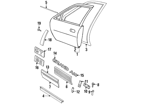 1994 Pontiac Grand Am Front Door & Components, Exterior Trim Diagram