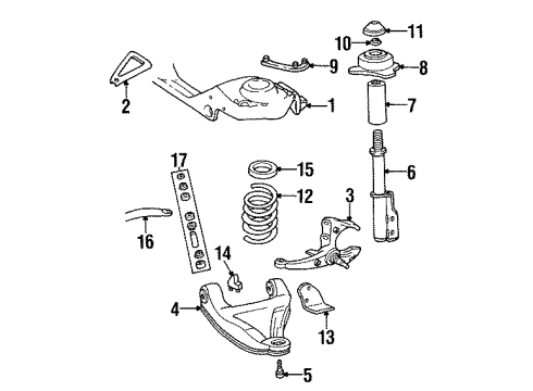 1987 Chevy Camaro Front Suspension Components, Lower Control Arm, Stabilizer Bar Diagram