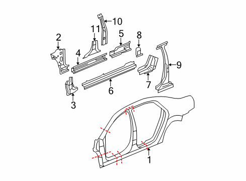 2012 Chevy Malibu Center Pillar, Hinge Pillar, Rocker Panel, Uniside Diagram
