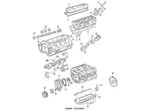 1987 Cadillac Eldorado Engine Parts, Mounts, Cylinder Head & Valves, Camshaft & Timing, Oil Pan, Oil Pump, Crankshaft & Bearings, Pistons, Rings & Bearings Diagram