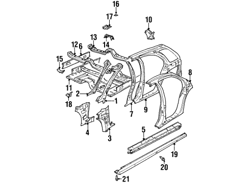 1999 Saturn SL Center Pillar, Hinge Pillar, Rocker, Exterior Trim, Floor & Rails Diagram