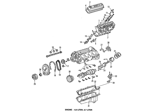 1994 Buick Roadmaster Engine Parts, Mounts, Cylinder Head & Valves, Camshaft & Timing, Oil Cooler, Oil Pan, Oil Pump, Crankshaft & Bearings, Pistons, Rings & Bearings Diagram
