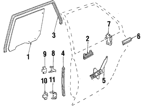 1988 Cadillac Cimarron Rear Door - Glass & Hardware Diagram