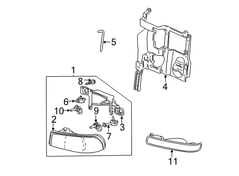 2001 GMC Sierra 3500 Headlamp Components, Park & Side Marker Lamps Diagram