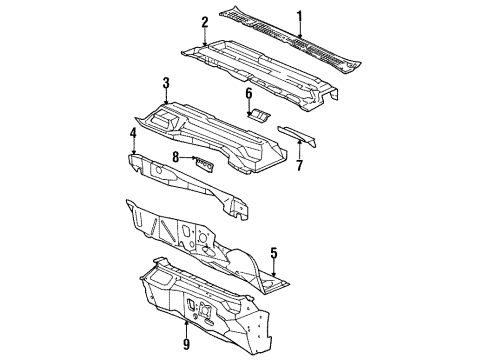1999 Oldsmobile Aurora Cowl Grille Diagram for 25649744