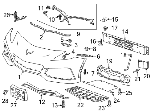 2019 Chevy Corvette Bumper Cover Upper Seal, Front Diagram for 23309567