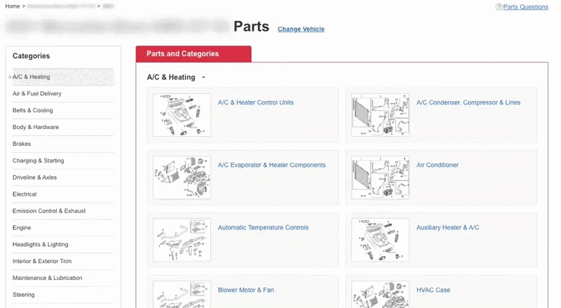 How can I locate a part using the categories on your website on desktop?