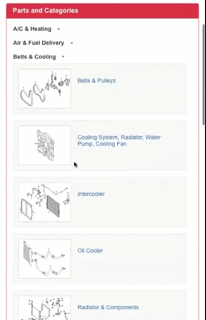What should I do if the part I need does not appear in the category I searched on mobile?